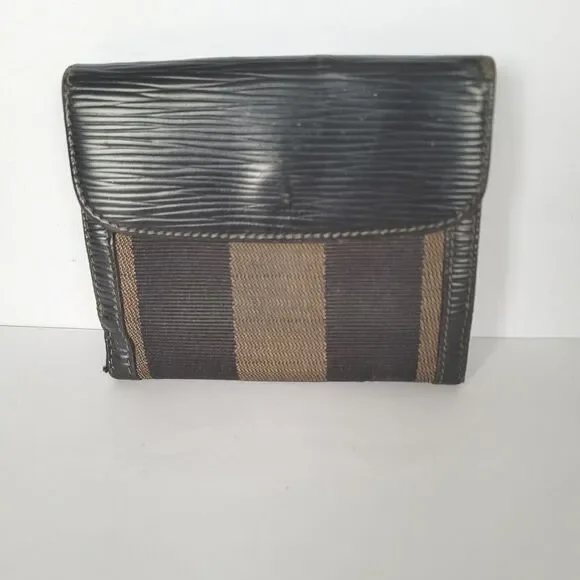 Fendi Vintage Pequin Wallet Canvas Leather Wallet Black Purse Bifold Compact - Picture 1 of 16
